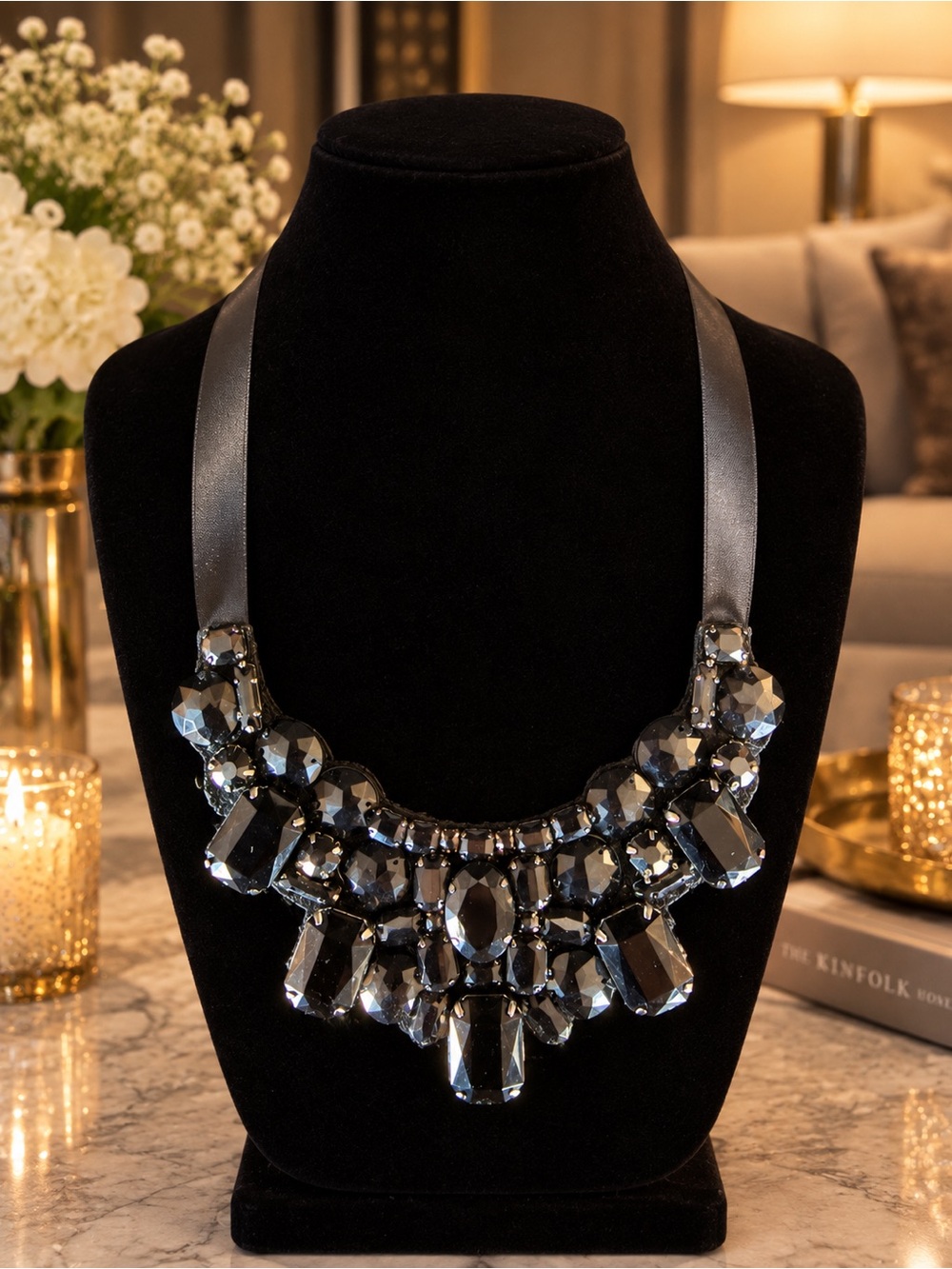 Statement Black Crystal Ribbon Necklace - Women Jewelry